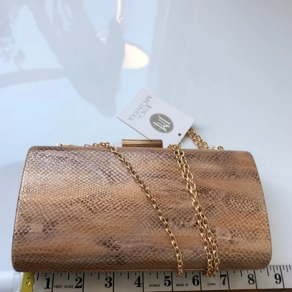 Jessica McClintock Gold Metallic Reptile‎ Chain Strap Clutch Shoulder Bag